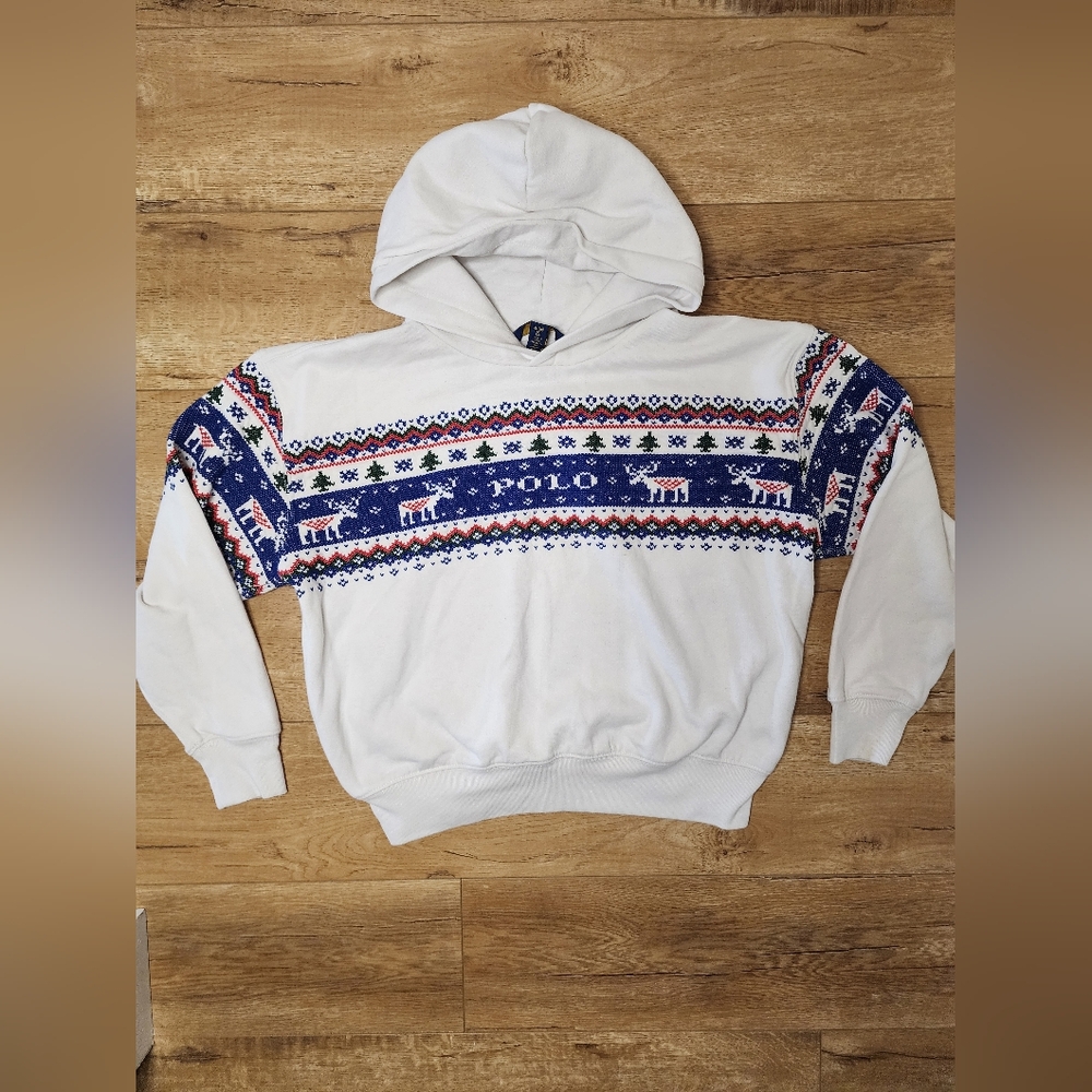 RARE Polo Ralph Lauren Christmas Reindeer Embroidered Hoodie Womens S/M Youth XL - Picture 2 of 7